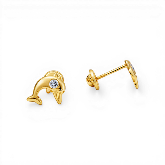 14k Yellow Gold Dolphin Stud Earrings With Cz / 6-741101PSF
