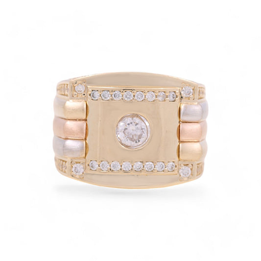 14K Yellow White And Rose Gold Men’s Ring / CZ / White Stones / Size 9.5 / Weight: 10.2 GR