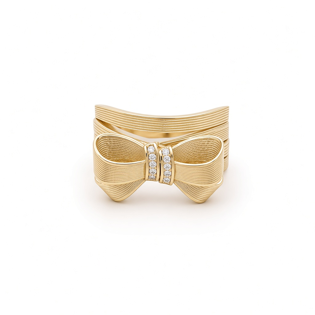 10K Yellow Gold Ribbon Women's Ring with Cz / Size: 7 / Weight: 5.2 GR / P01R-67