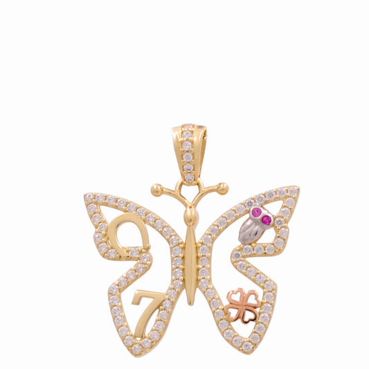 14K Yellow, White and Rose Gold Lucky Butterfly Pendant with White Cz and Owl / Weight: 2.7 GR / CPPD3T4BTBO