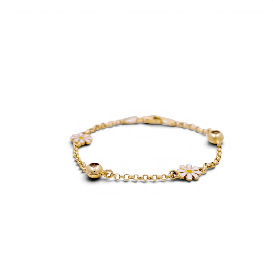 14K Yellow Gold Rolo Women's Bracelet with Flowers / Size: 6" / Weight: 3.1 GR