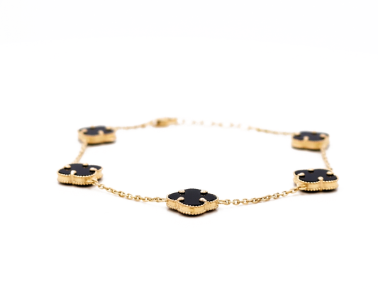 10K Yellow Gold Five Black Clover Women's Bracelet / Size: 7.5” 13MM / Weight: 4.6 GR