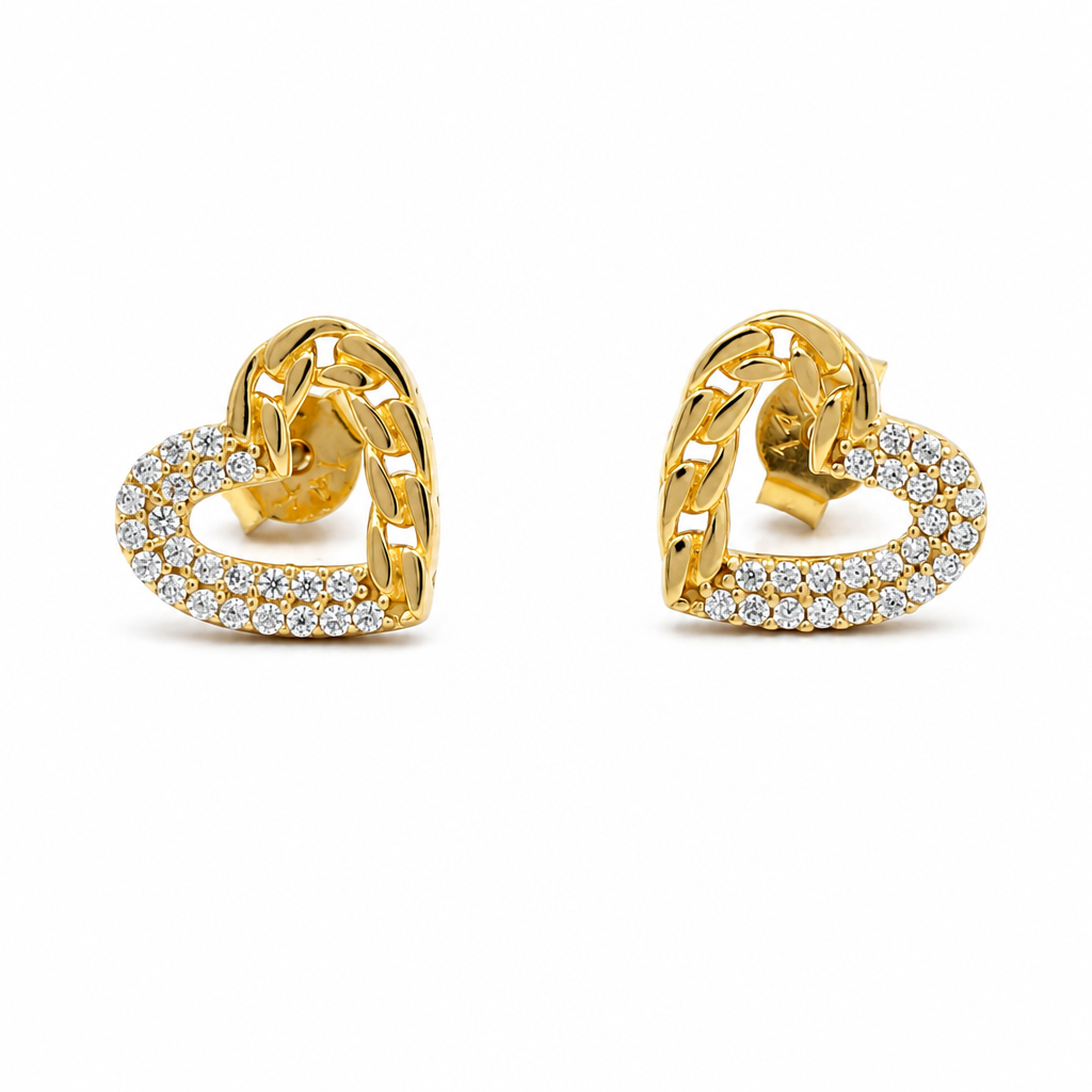 14K Yellow Gold Fashion Women's Heart Stud Earrings / Weight: 1.9 GR / DQES4HR-1