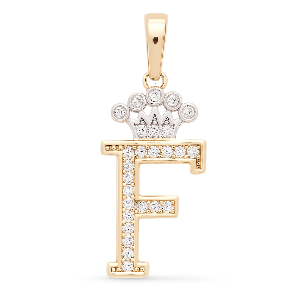 14K Yellow and White Gold Initial F with Crown / Stone: Cz / Weight: 1.1 BGR / 73251F