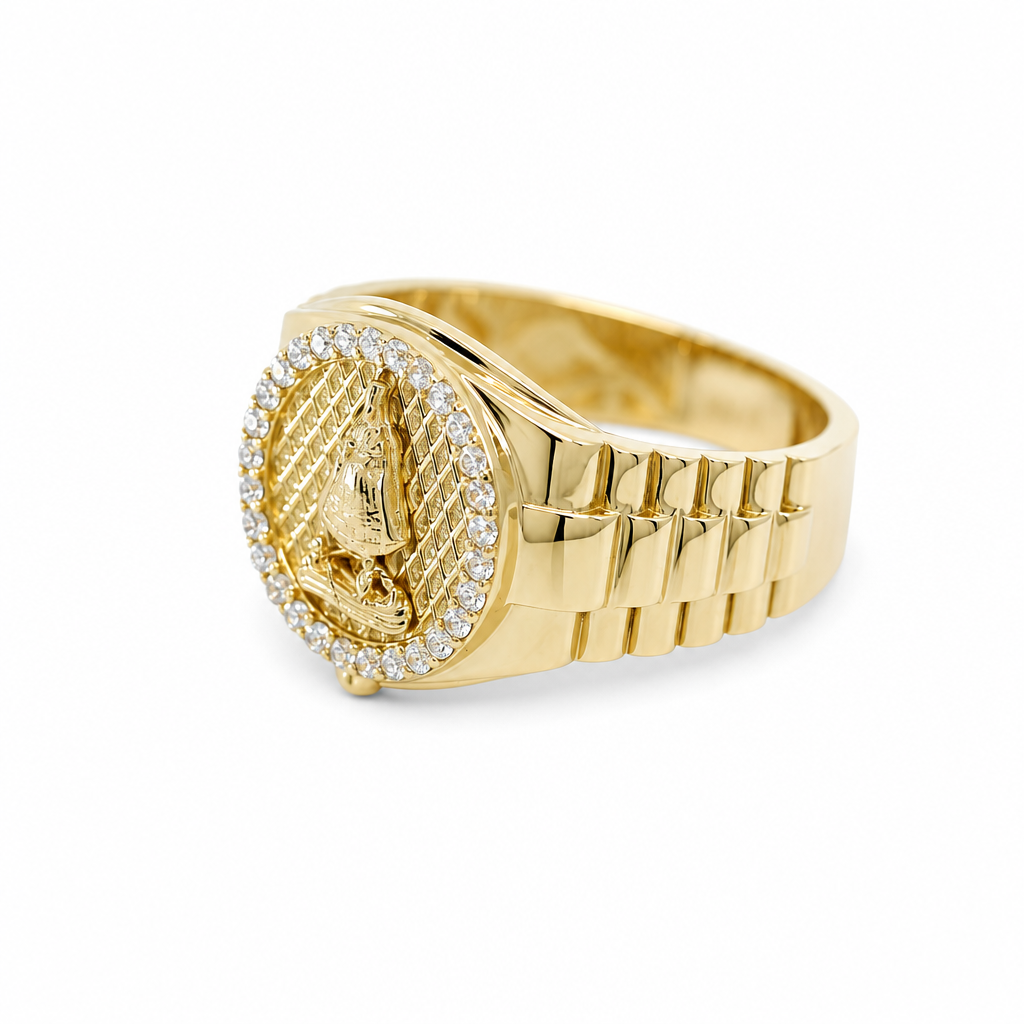 14K Yellow Gold Virgen de la Caridad Men's Ring with Cz / Size: 10 / Weight: 4.9 GR / DQMR4VC-1