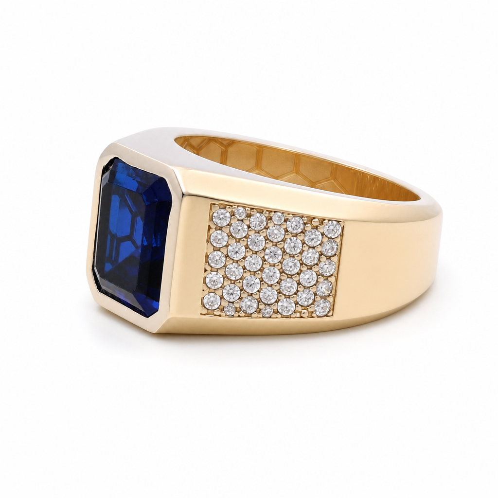 14K Yellow Gold Fashion Men's Ring with Blue and White Cz / Size 11 / Weight 10.9 GR