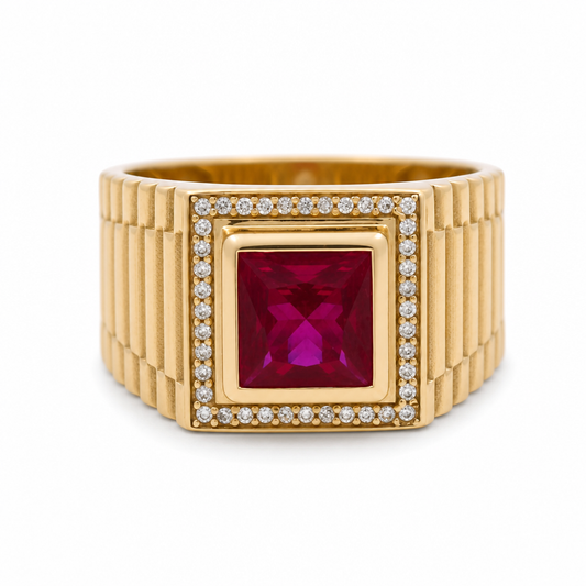 14K Yellow Gold Fashion Square Men's Ring with Red Cz / Size 10 / Weight: 8.6 GR