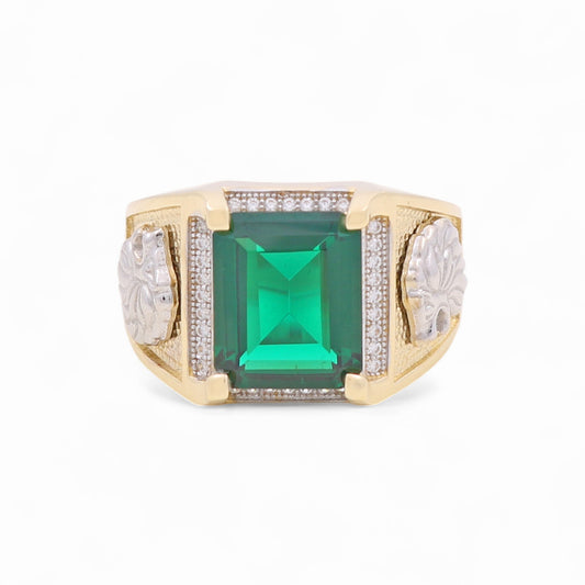 14k Two Tone Square Men's Ring with Lion and Green and White Cz / Size  9.5 / Weight 10.9 GR /  BOMRTT4FS-2