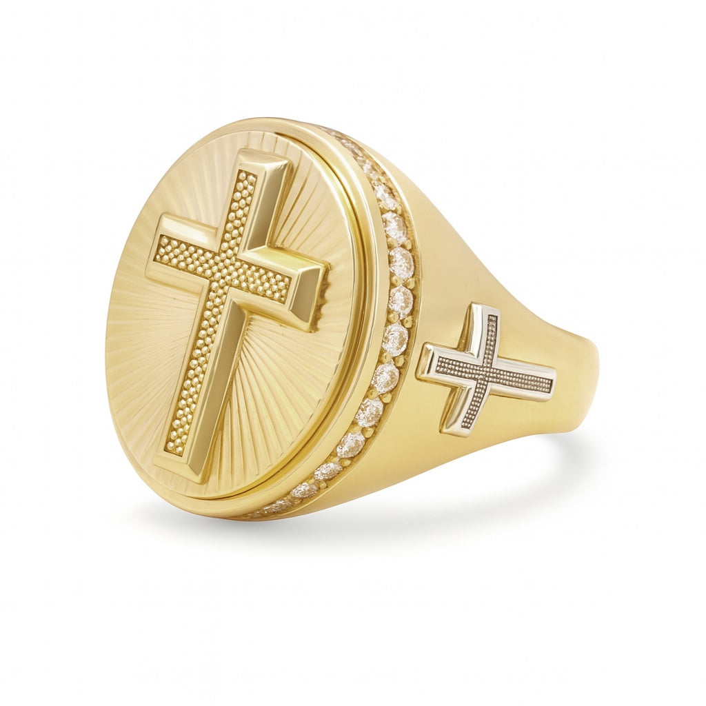 10K Yellow and White Gold Oval Cross Men's Ring with Cz / Size: 10.5 / Weight: 7.5 GR / DQMRTT0CS