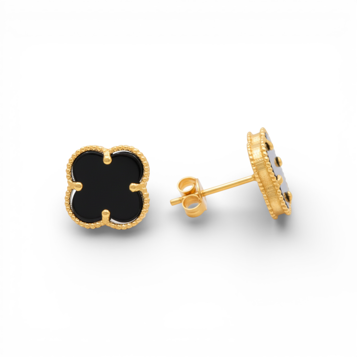 14K Yellow Gold Black Clover Stud Earrings / Size: 13MM / Weight: 2.4 GR / CQES4CLV