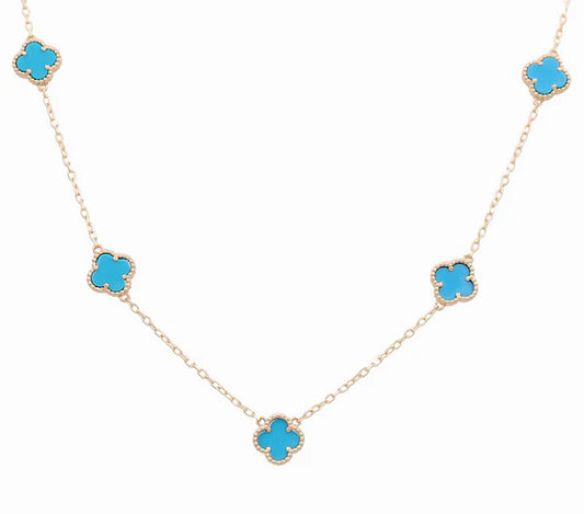 14K Yellow Gold Women's Necklace with 5 Light Blue Clover / Size: 18" / Weight: 8.9 GR