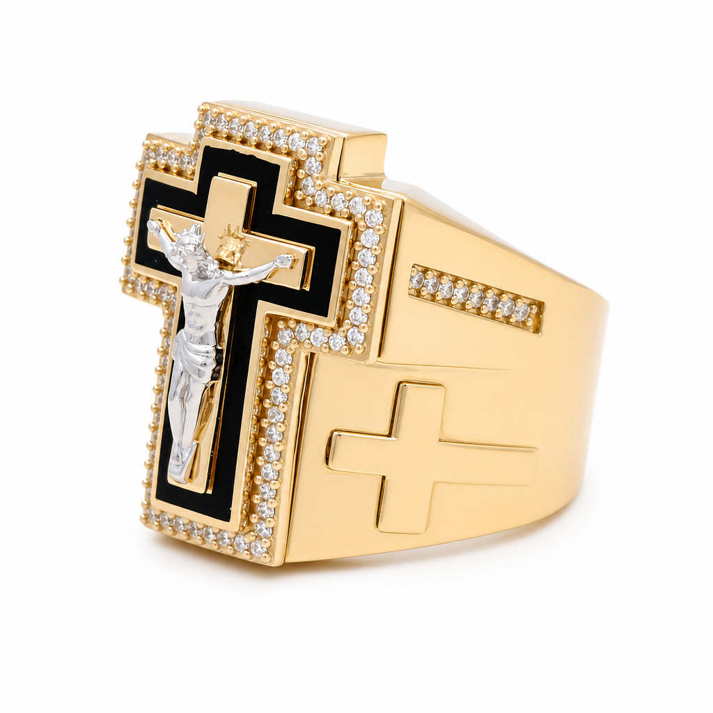 14K I Yellow Gold Men's Ring with a Cross and Christ / Stone: Onyx Cz / Size: 11 / Weight: 12.5 GR