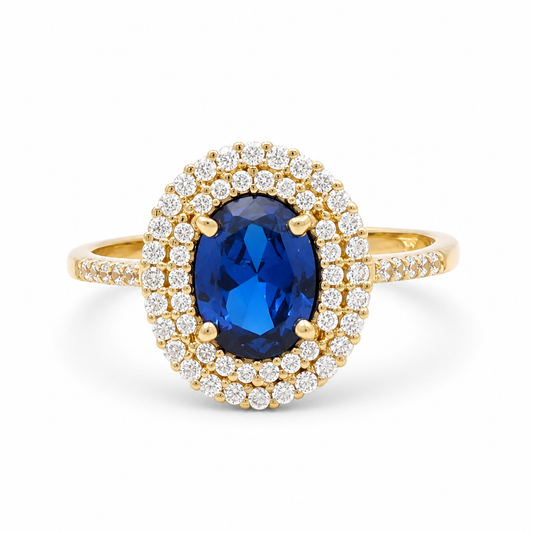 14K Yellow Gold Fashion Women's Rings with Blue and White Cz Stone / Size: 7.5 / Weight: 3.2 GR
