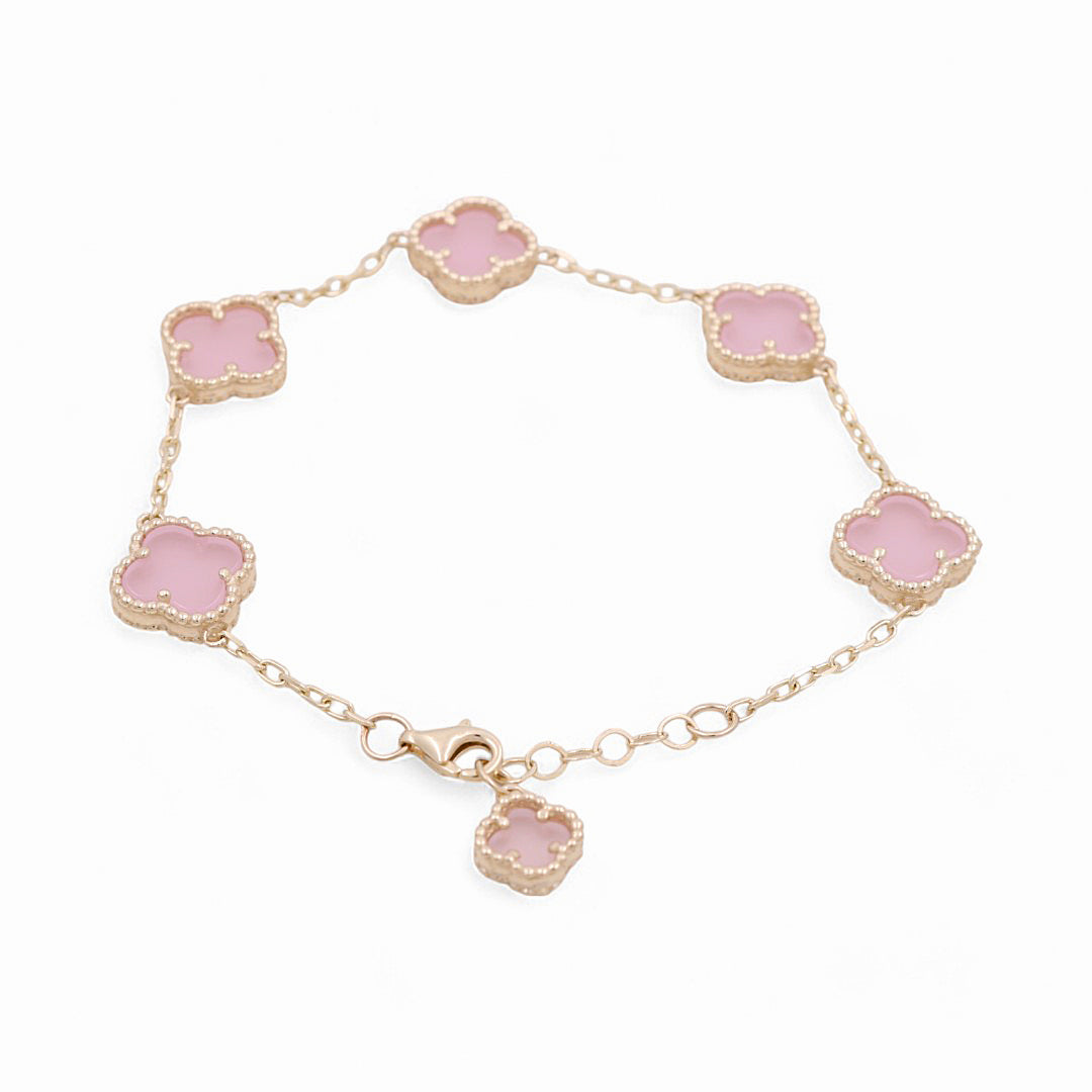 14K Yellow Gold Women's Bracelet with 5 Pink Clover