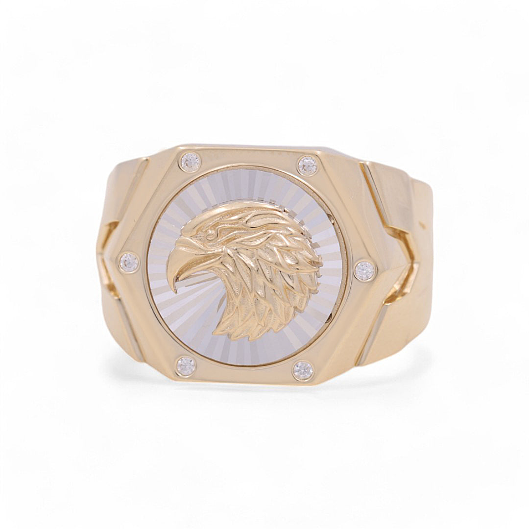 14K Yellow and White Gold Eagle Men's Ring / Stone: CZ / Size: 9.5 / Weight: 9.8 GR / 711-00089