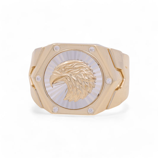 14K Yellow and White Gold Eagle Men's Ring / Stone: CZ / Size: 9.5 / Weight: 9.8 GR / 711-00089