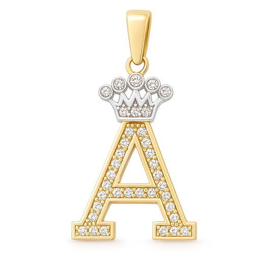 14K Yellow and White Gold Initial A with Crown / Size: 24.5mm / Stone: Cz / Weight: 1.2 GR / 73251A