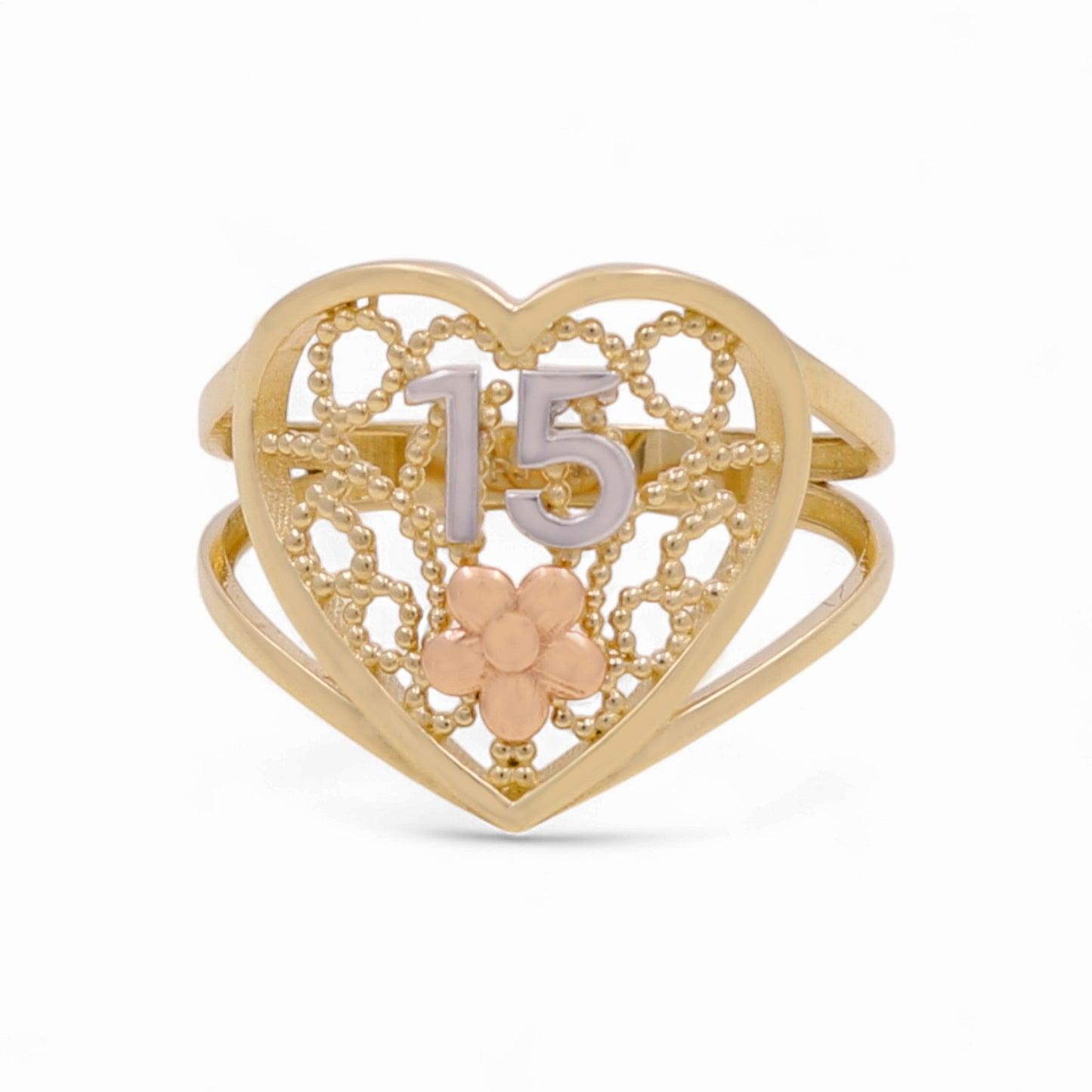 14K Yellow, White and Rose Gold Quinceañera Women's Ring with Heart / Weight: 2.3 GR / Size:7 / CPWR3T4-HR15