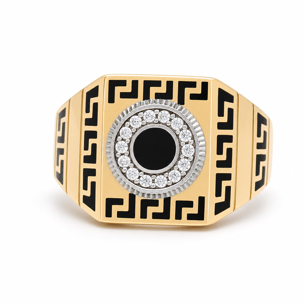 14k Yellow and White Gold Square Men's Ring with Black Enamel and Cz / Size 13 / Weight 8.5 GR