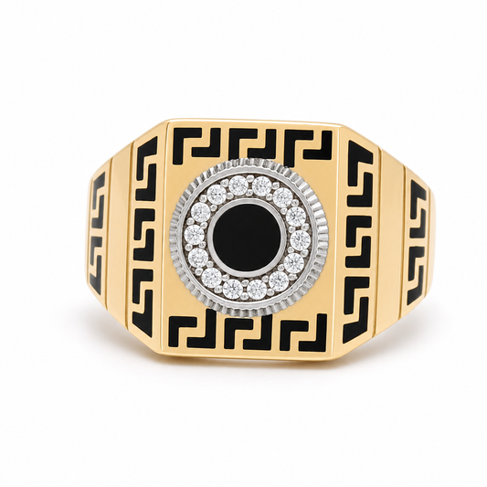 14k Yellow and White Gold Square Men's Ring with Black Enamel and Cz / Size 13 / Weight 8.5 GR