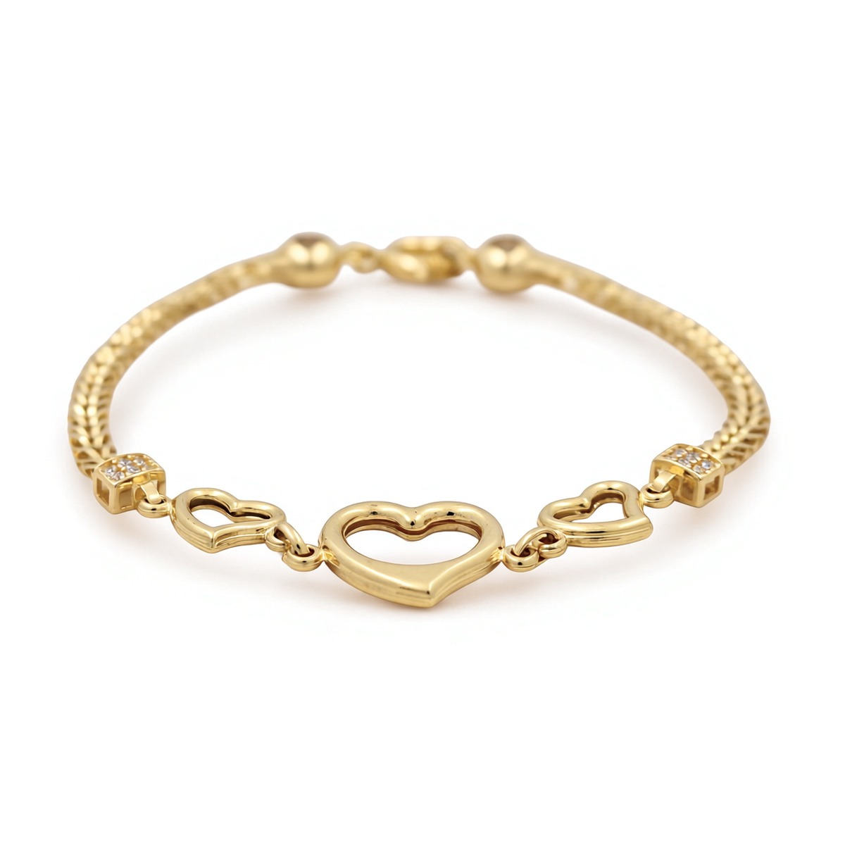 14K Yellow Gold Fashion Women's Bracelet with Three Hearts and Cz / Size 7.5" / Weight: 5.8 GR / DOWB4HR-2