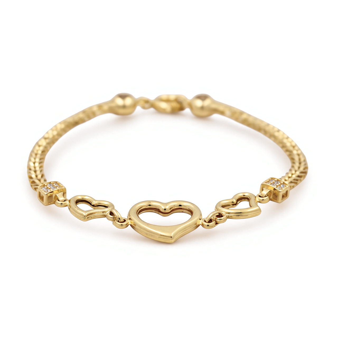 14K Yellow Gold Fashion Women's Bracelet with Three Hearts and Cz / Size 7.5" / Weight: 6 GR / DOWB4HR-2