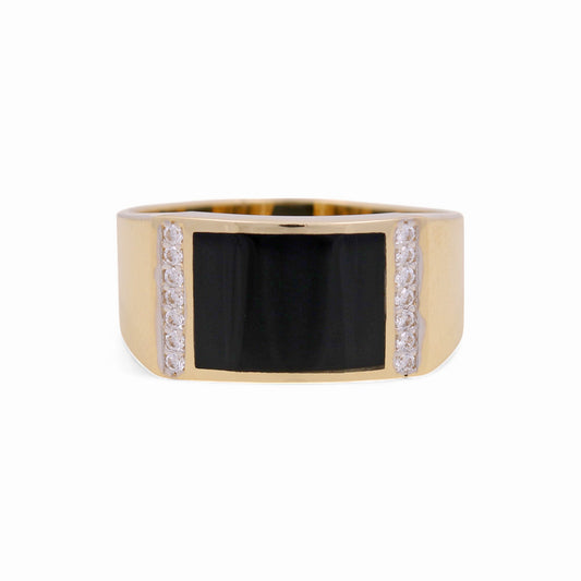 14K Yellow Fashion Men's Ring with Onyx and CZ / Size: 10 / Weight: 6.5 GR / KEEMR4FS-1