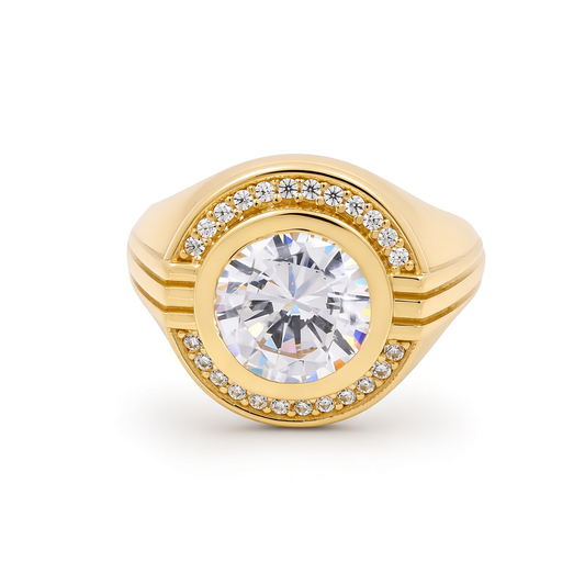 14K Yellow Gold Fashion Round Men's Ring with White Cz / Size: 10 / Weight: 8.4 GR / BOMR4FS-40