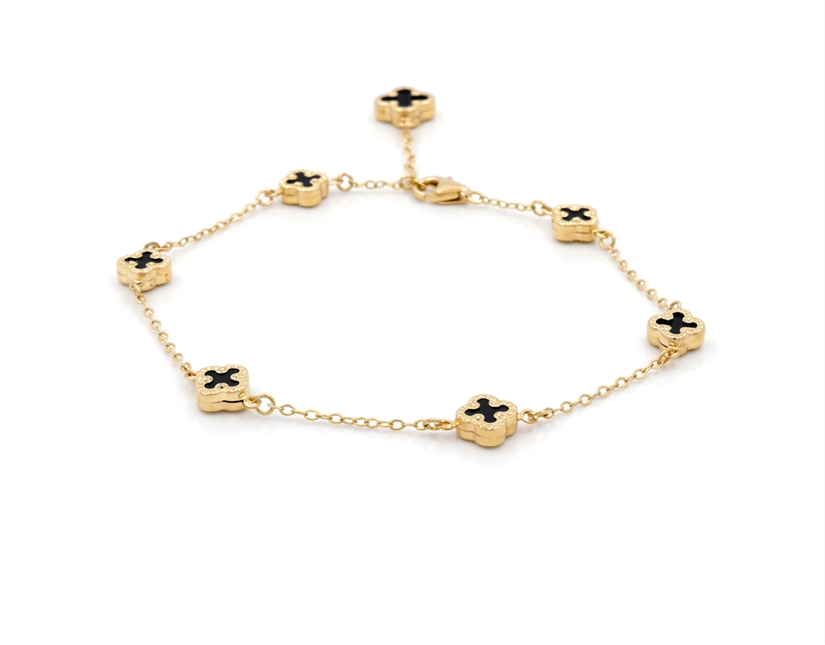 14K Yellow Gold Black Clover Women Bracelet / Size: 7” / Weight: 3.9 GR