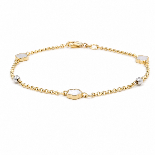 14K Yellow and White Gold Women's Bracelet Flower With Mother of Pearl Stone / Size: 7.50" / Weight: 2.6 GR / 000-09500
