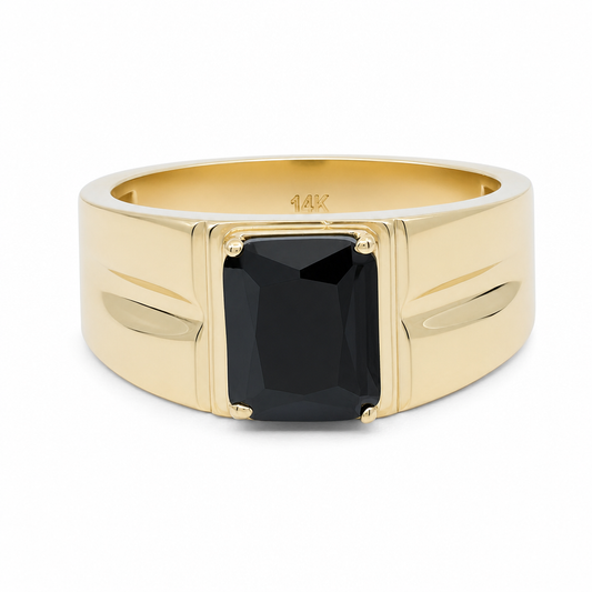 14K Yellow Gold Fashion Men's Ring with Black Stone / Size: 11 / Weight: 7.5 GR / LLBMR4FS