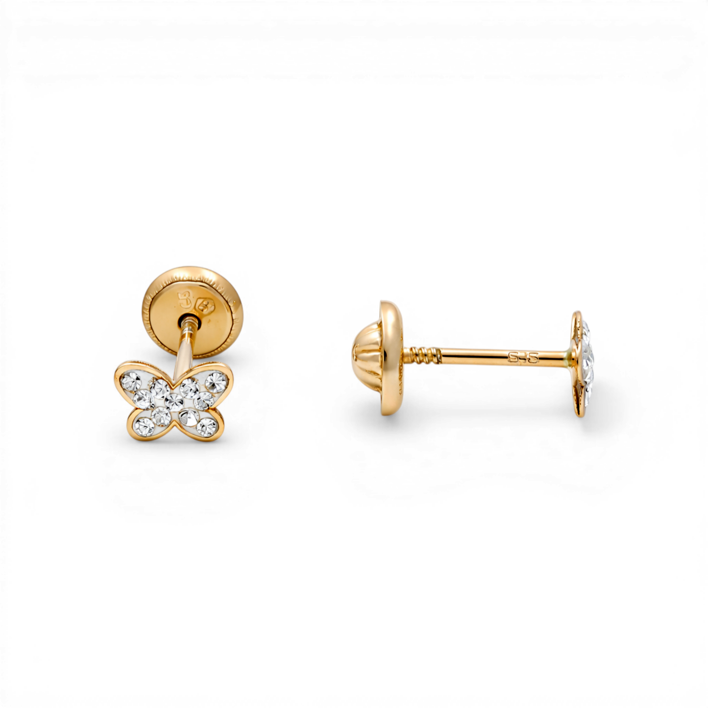 14k Yellow Gold White Butterfly Stud Earrings With Cz / 6-809001PS