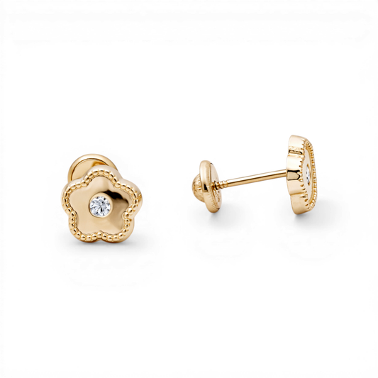 14k Yellow Gold Flower Stud Earrings with Cz / 6-527801PS7