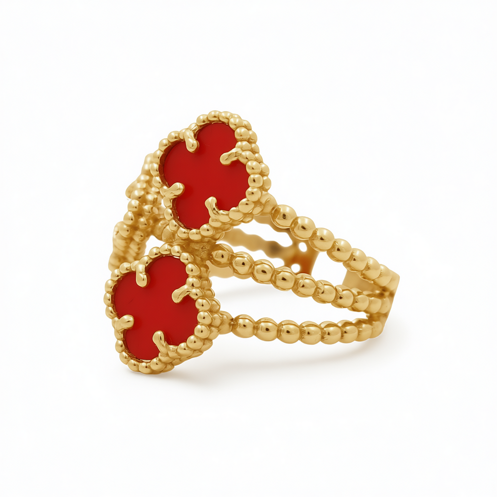 14K Yellow Gold Women’s Fashion Ring / Three Red Clover/ Size 8/ Weight: 5.4 GR / COWR4FL-11