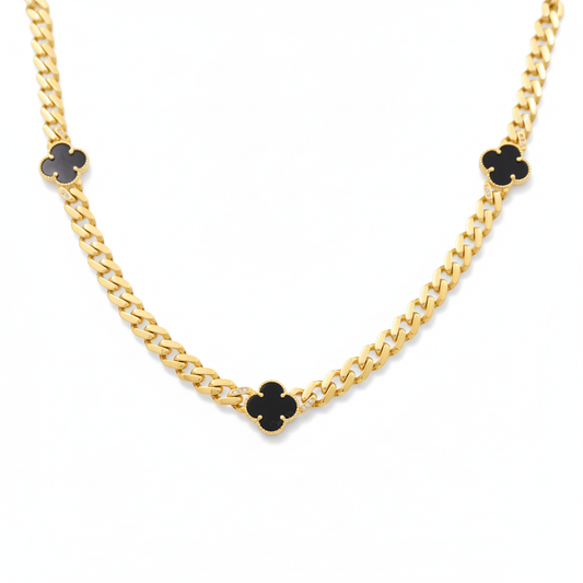 10K Yellow Gold Monaco Women's Necklace with Three Black Clover/ CZ / Size: 18" / Weight: 16.1 GR