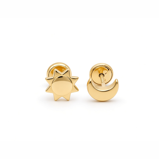 14K Yellow Gold Moon and Sun Stud Earrings / 6-688001P