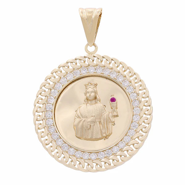 14K Yellow Gold Santa Barbara Medal Pendant With Cz / Size: Large / Weight 16.7gr