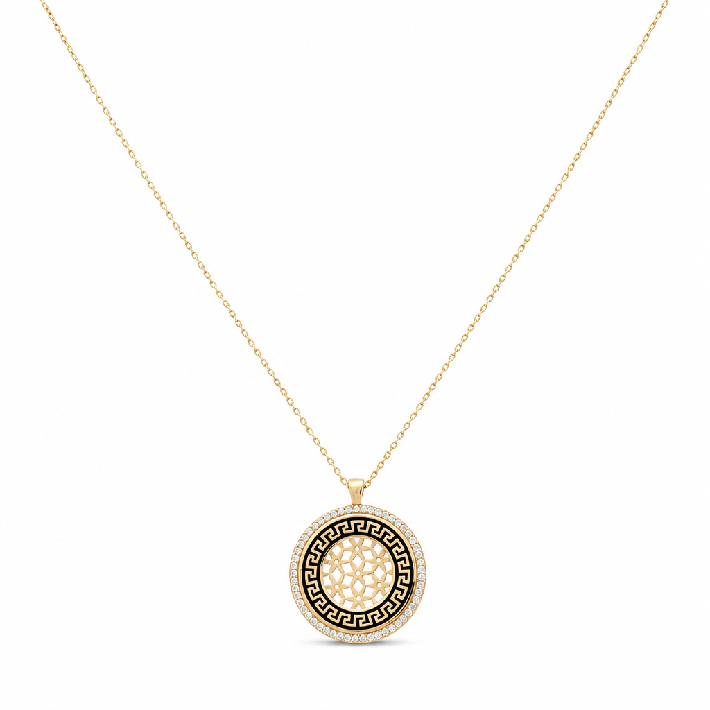 14K Yellow Gold Women's Necklace With Greek and Flowers Pendant / Stone: Cz / Size: 16" / Weight: 4.3 GR