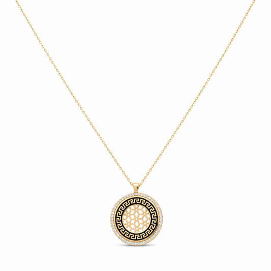 14K Yellow Gold Women's Necklace With Greek and Flowers Pendant / Stone: Cz / Size: 16" / Weight: 4.3 GR / CCNK4FL-1