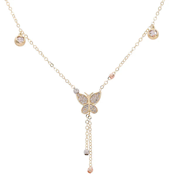 14K Yellow, White and Rose Gold Fashion Women's Necklace With Butterfly Pendant / Size: 18" / Weight: 6.1GR / Stone: Cz / CONK3T4FS-1