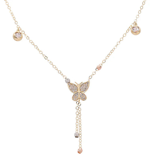 14K Yellow, White and Rose Gold Fashion Women's Necklace With Butterfly Pendant / Size: 18" / Weight: 6.1GR / Stone: Cz / CONK3T4FS-1