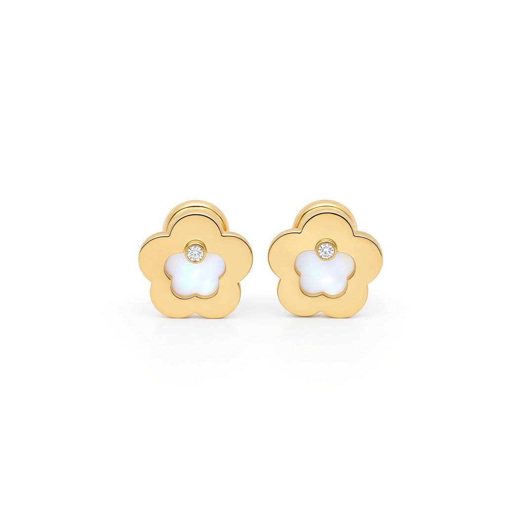 14K Yellow Gold Flower Stud Earrings with Mother of Pearl and Cz / 6-211701PN