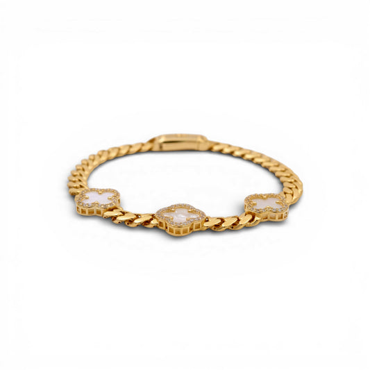 10K Yellow Gold Monaco Women's Bracelet with Three Mother of Pearl Clovers / Cz / Size: 7.5" / Weight: 10.6 GR / DOWB0MONCLV-1
