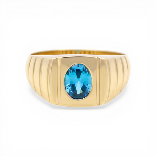 10K Yellow Gold Fashion Men's Ring with Light Blue Stone/ Size :11.5 / Weight: 7.1 GR