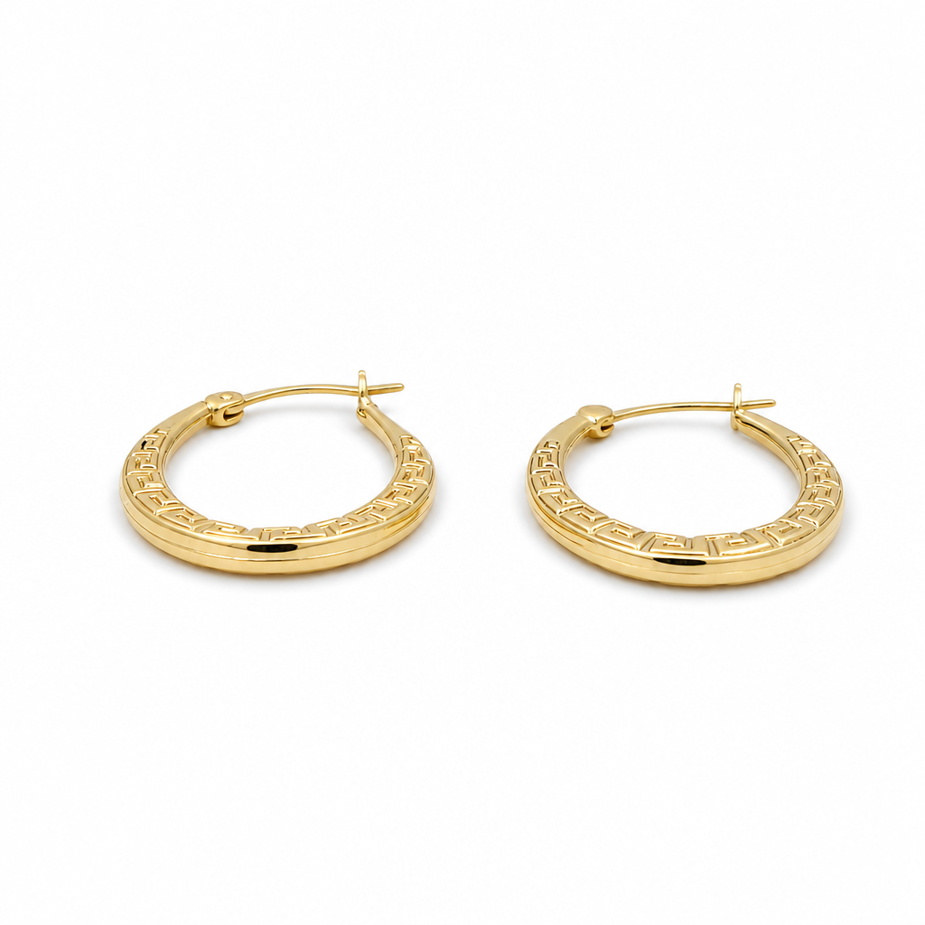 10K  Yellow Gold Women's Hoops Earring with Greek Desing  / Size: 2mmx13.5mm / Weight: 1.1 GR / DQEH0GR2X13.5
