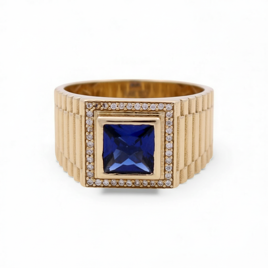 14K Yellow Gold Fashion Square Men's Ring with Blue Cz / Size 11 / Weight: 8.8 GR / COMR4FS-74