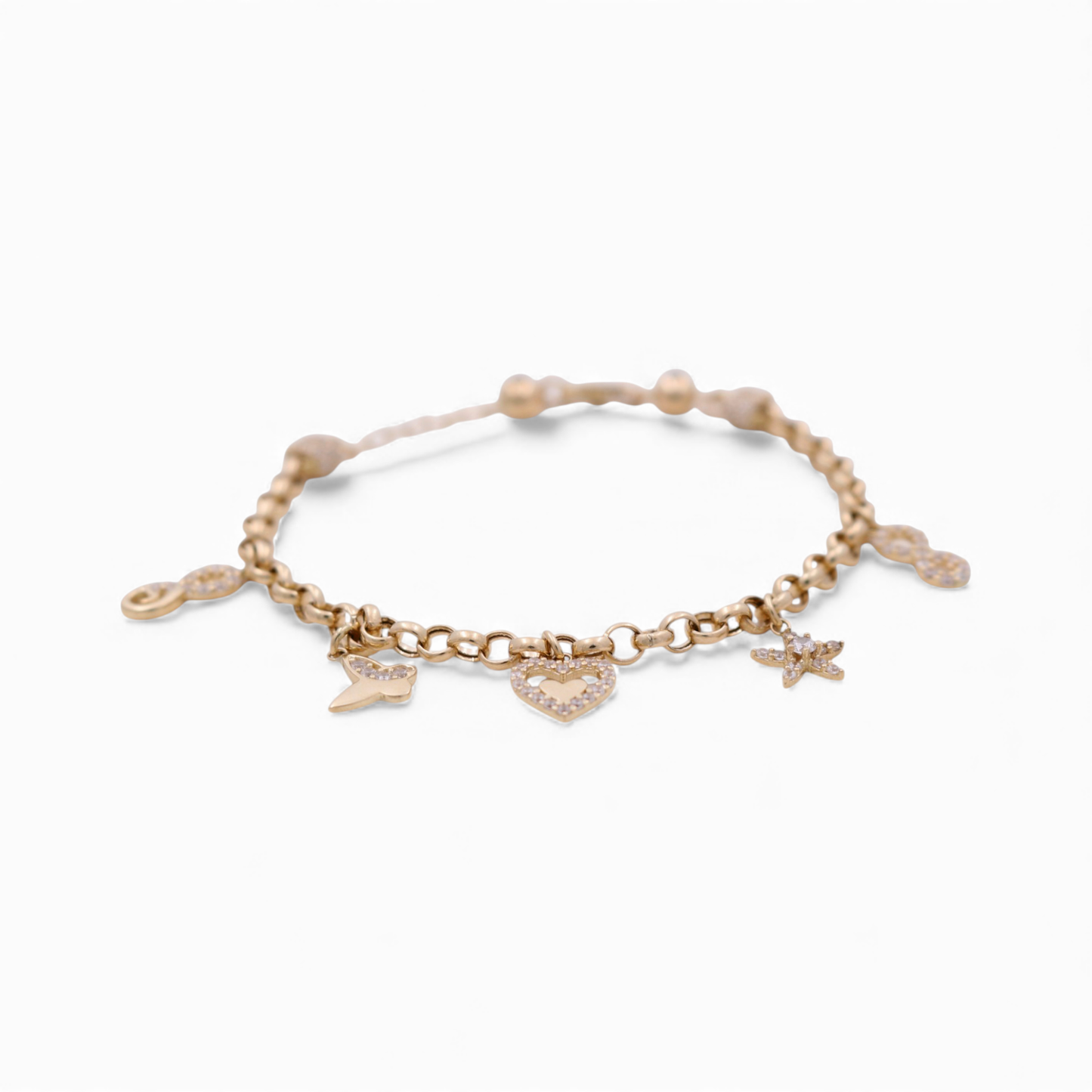 14k Yellow Gold Rolo Link Women's Bracelet with Charms and Cz / Size: 7.5" / Weight: 6.5 GR / CCFWB4FS