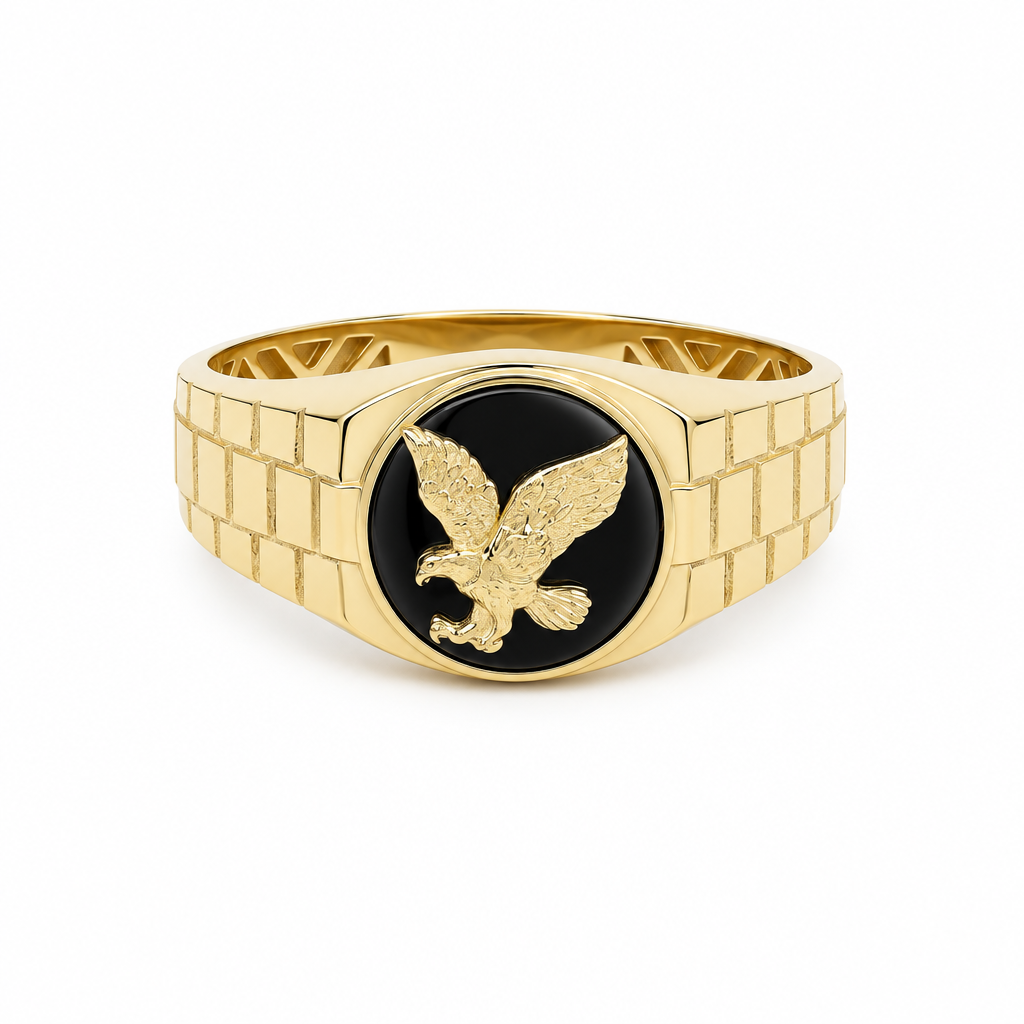 14K Yellow Gold Eagle Men’s Ring with Onyx / Size 11 / Weight: 4.3 GR / DQMR4EG-1