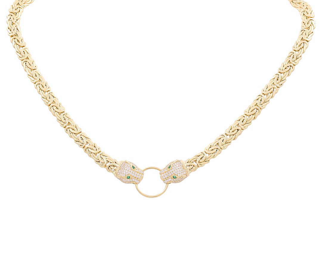 14K Yellow Gold Women's Fashion Byzantine Link Necklace with Panther / CZ / Size: 17" / Weight: 20.5 GR / DPNK4PTBZ