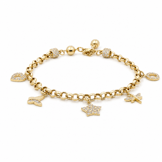 14k Yellow Gold Rolo Link Women's Bracelet with Charms and Cz / Size: 7.5" / Weight: 6.5 GR / CCFWB4FS-15
